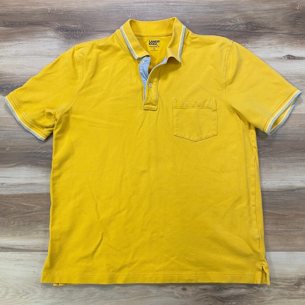 Lands End Polo Shirt Size M Pique Knit Cotton Traditional Fit Yellow S/S
